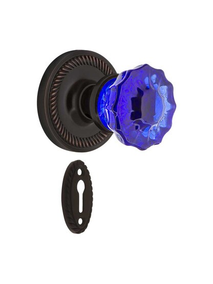 Rope Rosette Mortise Lock Set with Colored Fluted Crystal Glass Knobs Cobalt Blue in Timeless Bronze.
